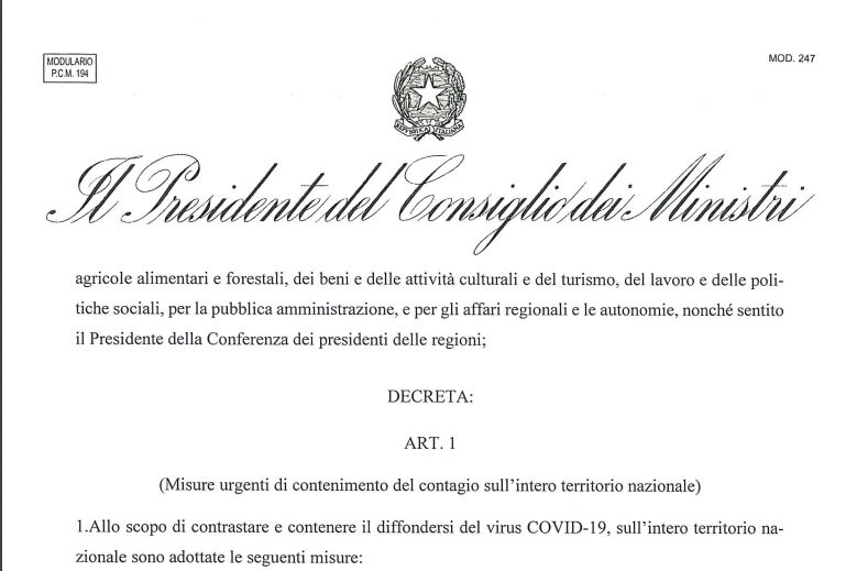 Il testo ufficiale del decreto con le nuove misure e la lista delle attività che possono continuare l’attività