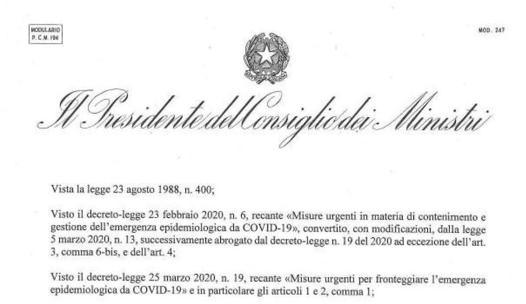 Il testo integrale del nuovo decreto governativo su riaperture e divieti e i codici Ateco “liberi” dal 4 maggio