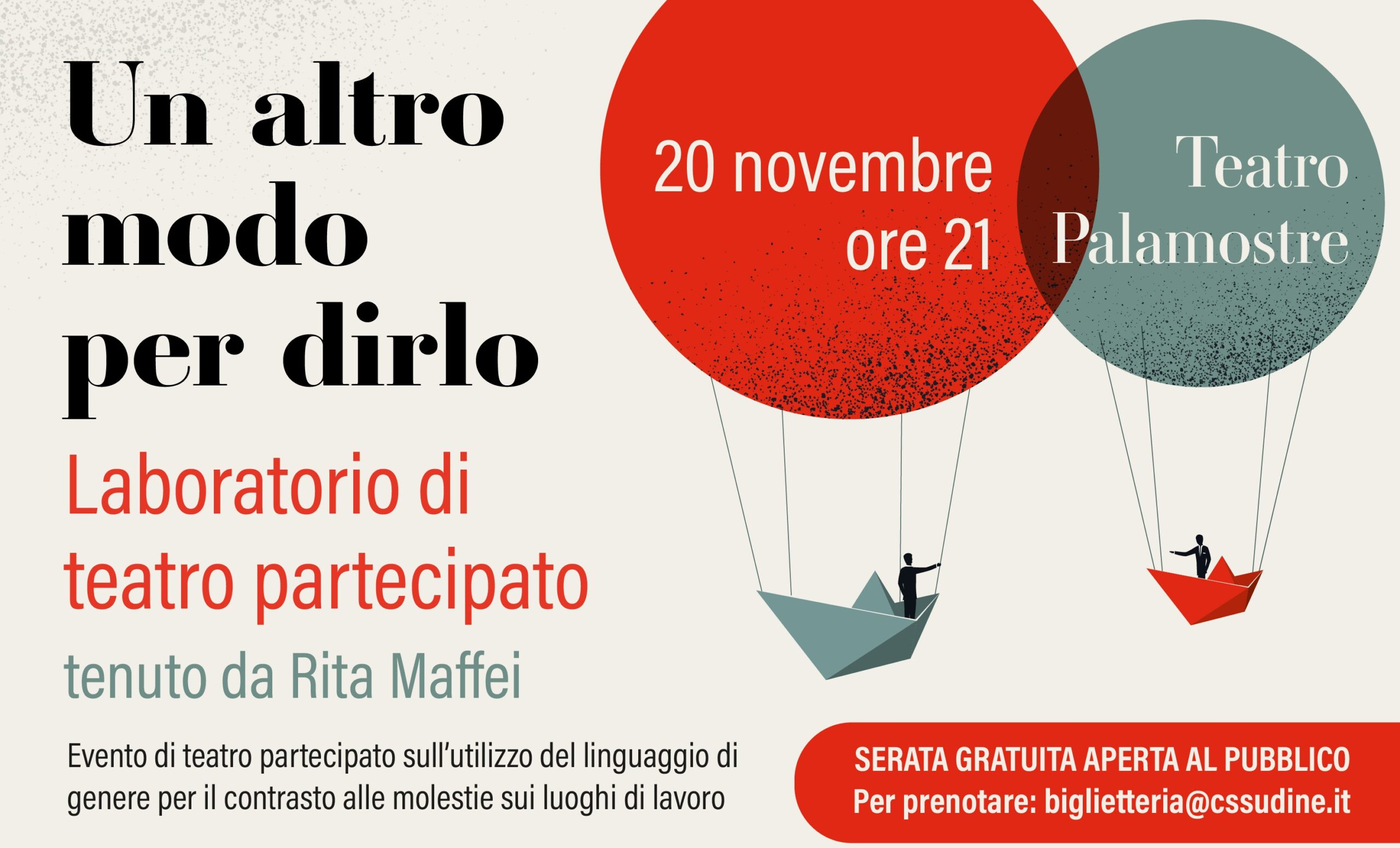 Giornata internazionale contro la violenza sulle donne, l’Alleanza Cooperative Italiane del FVG organizza con il CSS l’evento teatrale “Un altro modo per dirlo” Giornata internazionale contro la violenza sulle donne, l’Alleanza Cooperative Italiane del FVG organizza con il CSS l’evento teatrale “Un altro modo per dirlo”